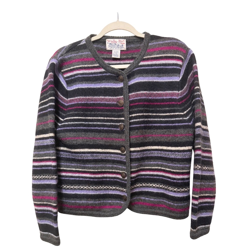 Tally-Ho Creation Vintage 100% Wool Striped Cardigan Sweater Multi-Color PM